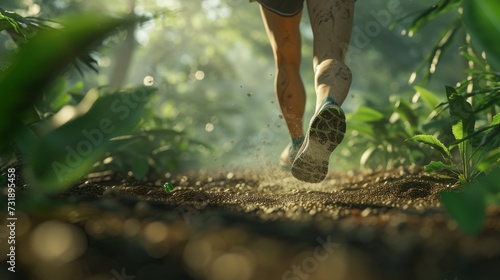 Runner's legs show strong motion on a green trail, wearing eco-shoes. Muscles in the runner's legs tense as they touch the green path. photo