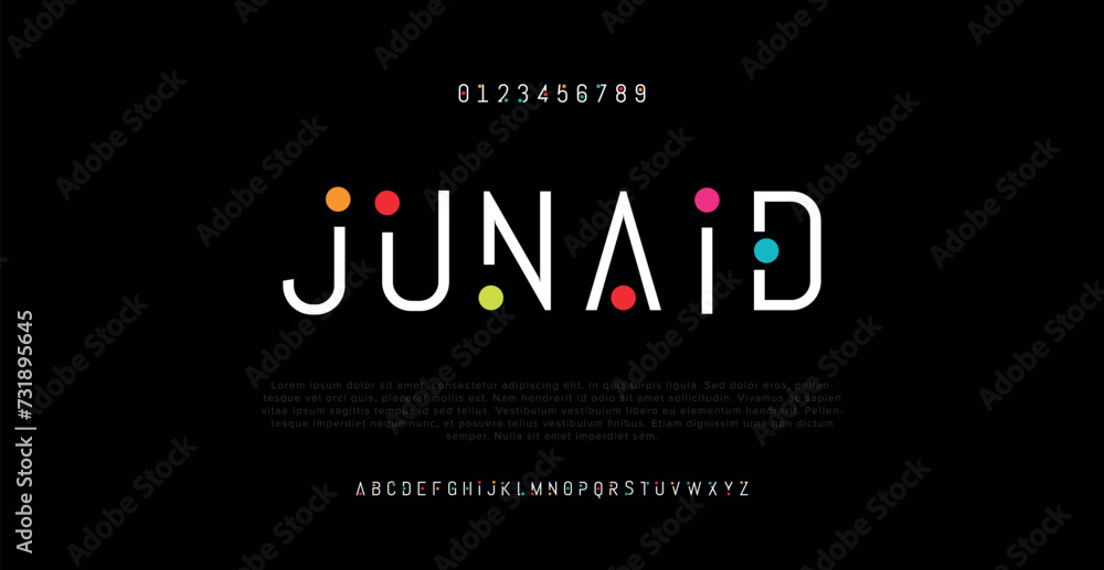 Junaid Modern alphabet fonts. Typography, Technology, Lettering, Elegant, Fashion, Designs, Serif fonts, Uppercase. Vector illustration