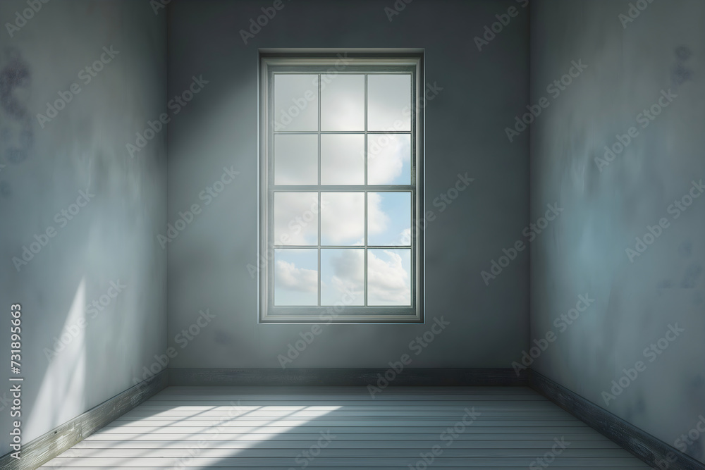 An empty room with a single large window casting shadows on the floor. The light plays across the wooden boards, contrasting with the subtle wall textures An empty room with a single large window casting shadows on the floor. The light plays across the wooden boards, contrasting with the subtle wall textures