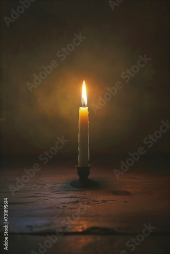 A single candle burns brightly on an old holder, casting a warm, gentle light and soft shadows across the rustic wooden surface in the stillness of a dim room
