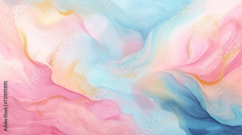 Abstract blue and pink marble texture watercolor background on paper with gold line art photo