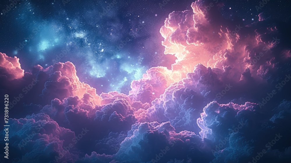 A serene night sky filled with delicate, wispy clouds tinted in shades of purple and pink, scattered across the vast expanse. Generative AI.