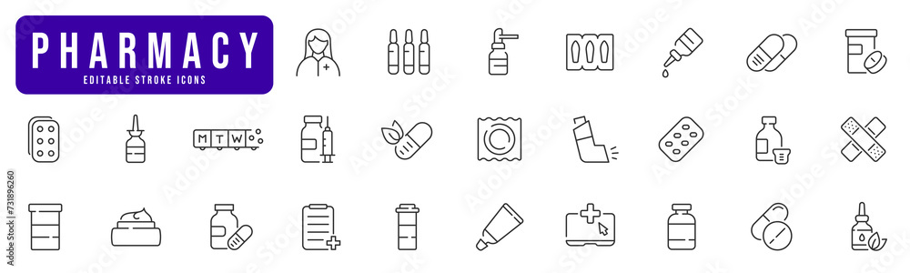 Pharmacy line icon set. Pill, drug, medical, capsule, syringe, syrup, bottle etc. Editable stroke Pharmacy line icon set. Pill, drug, medical, capsule, syringe, syrup, bottle etc. Editable stroke