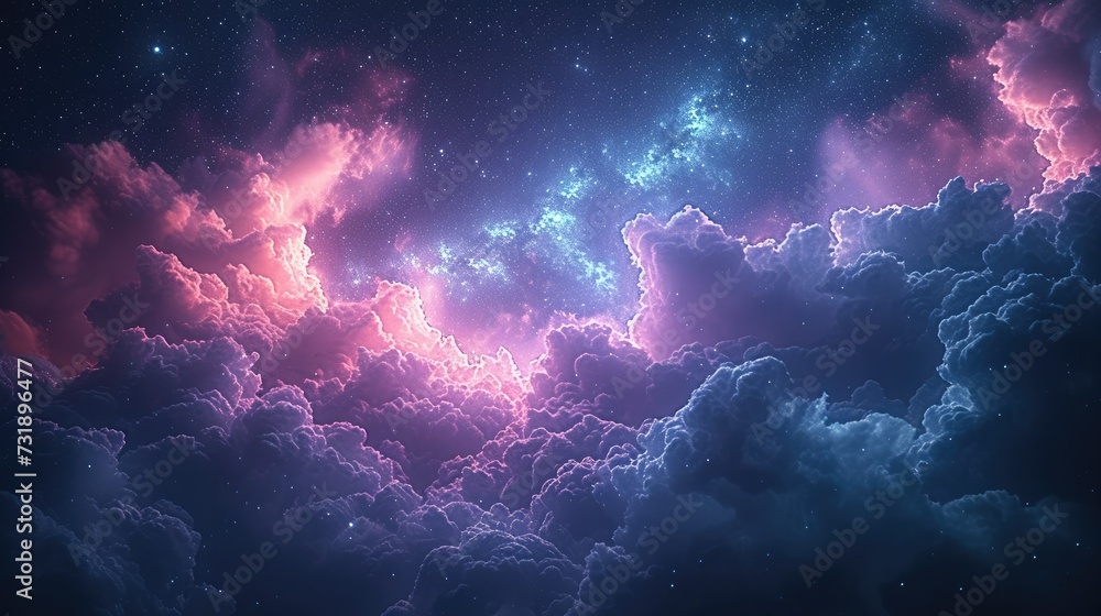 A serene night sky filled with delicate, wispy clouds tinted in shades of purple and pink, scattered across the vast expanse. Generative AI.