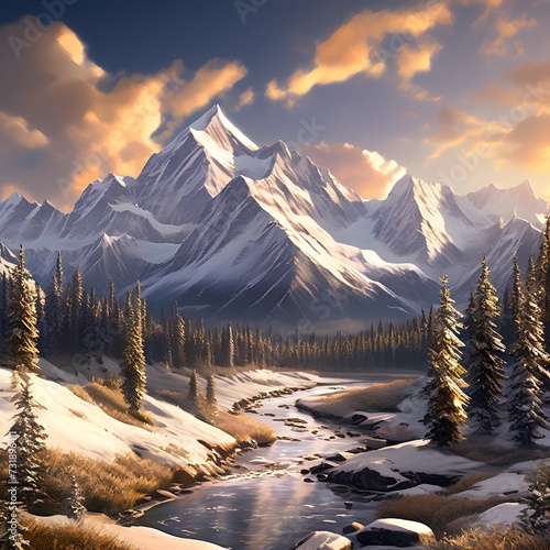 A scene that highlights the grandeur of snow capped mountain peaks surrounded by pristine wilderness.