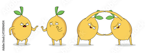 Cute lemon fruit cartoon character set 2 of arguing and combine pose doodle