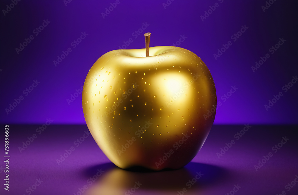 A large golden apple in close-up on a bright purple background