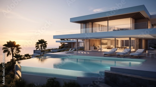 Sophisticated modern villa with an infinity pool overlooking the sea during a breathtaking sunset. © Vatcharachai