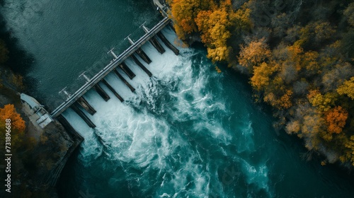 Overhead shot of a dam releasing water amidst a forest with autumnal colored trees.