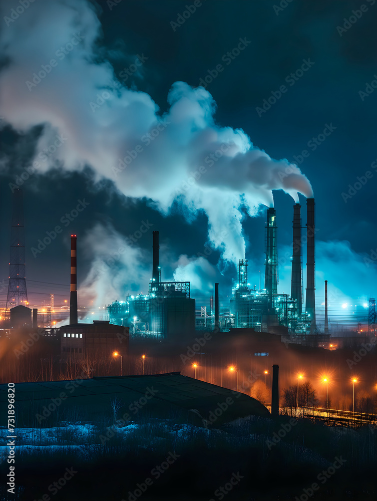 Smoke billows from towering chimneys against a twilight sky, illuminating an industrial complex with a haunting glow