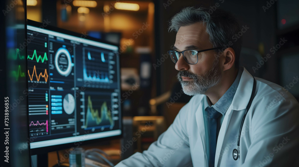 The doctor looking monitor show business data or financial and company information The doctor looking monitor show business data or financial and company information