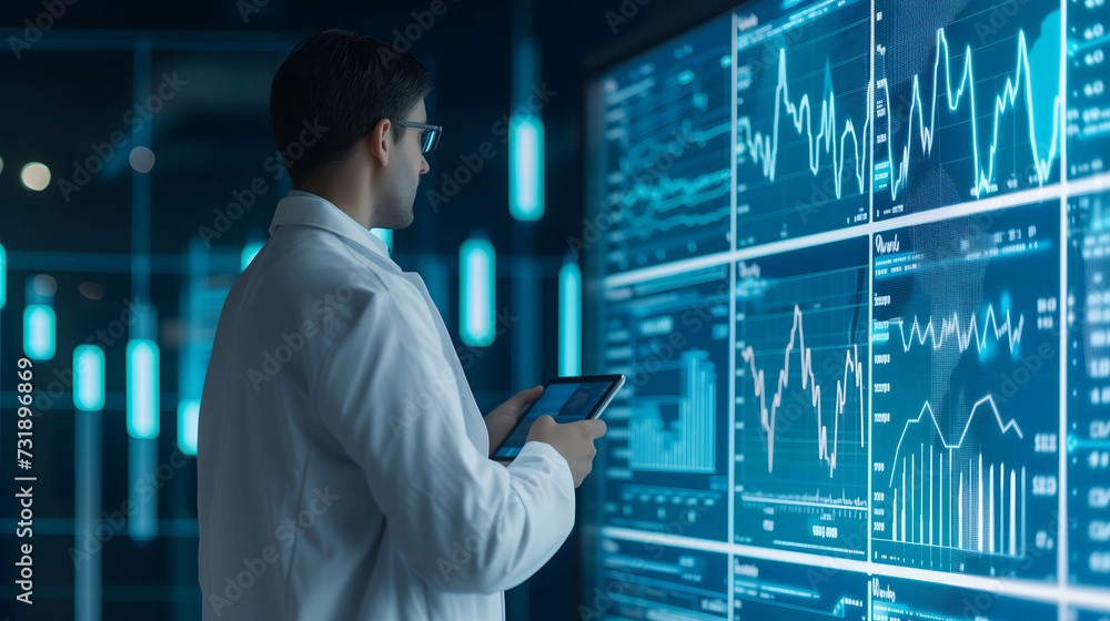 The doctor looking monitor show business data or financial and company information The doctor looking monitor show business data or financial and company information