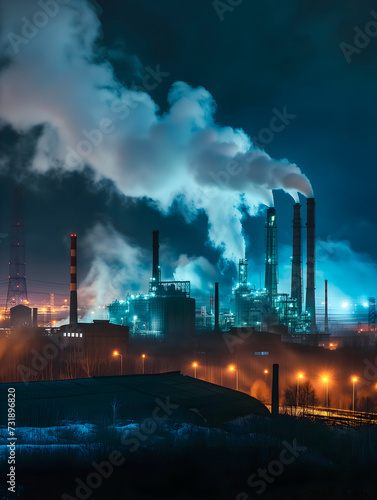 Smoke billows from towering chimneys against a twilight sky  illuminating an industrial complex with a haunting glow