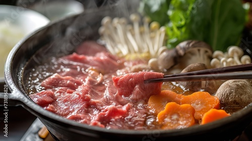 Steaming Japanese Shabu Shabu hot pot with slices of meat and assorted vegetables.