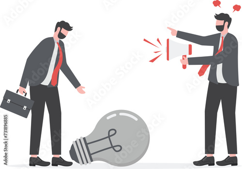 Blame other people, displeased manager concept. furious businessman boss megaphone head shouting complaint on everything.

