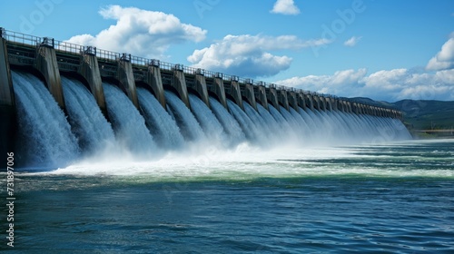 Open spillway gates releasing large volumes of water from a hydroelectric dam, showcasing renewable energy.