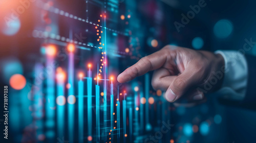 Hand of businessman or investor pointing to data, information, histogram, chart showing financial and business growth and make a plan to reach goal of success