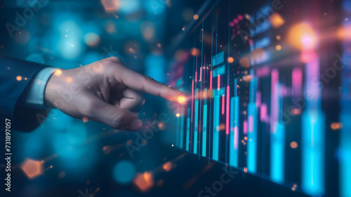 Hand of businessman or investor pointing to data, information, histogram, chart showing financial and business growth and make a plan to reach goal of success