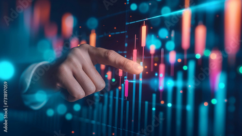 Hand of businessman or investor pointing to data, information, histogram, chart showing financial and business growth and make a plan to reach goal of success