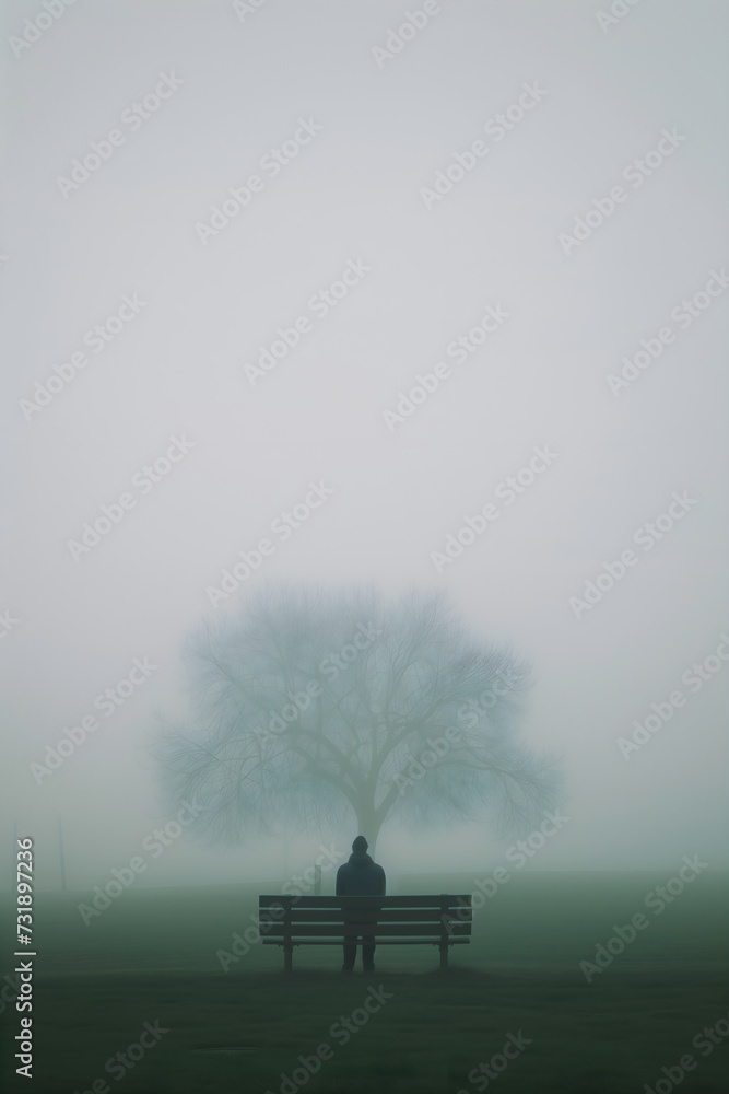 A solitary figure stands before a lone tree, enveloped in a thick fog that blankets the scene in a quiet, introspective hush