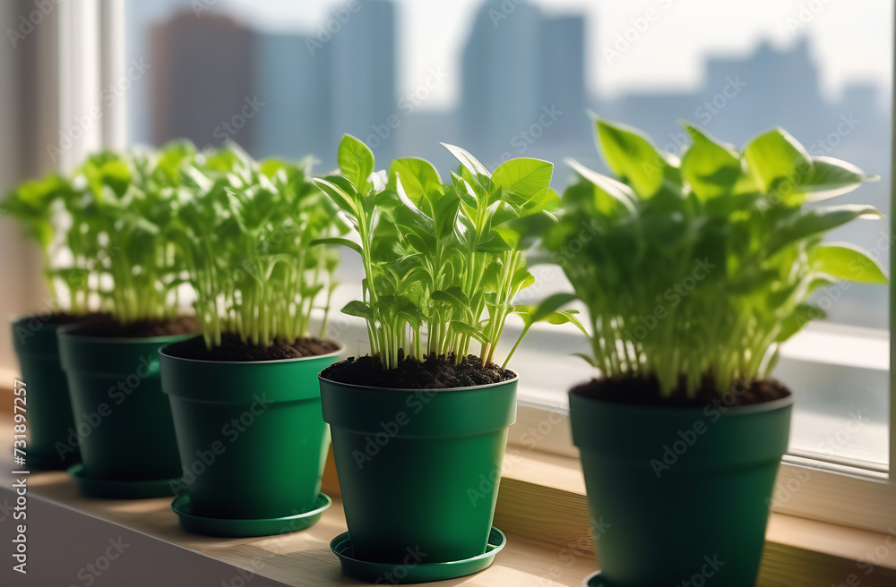 Green seedlings in black pots on the windowsill against the background of the city. Concept gardening. Green seedlings in black pots on the windowsill against the background of the city. Concept gardening.