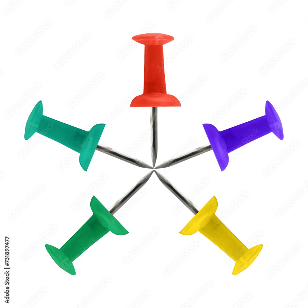 Colorful 3d push pins collection on white background Colorful 3d push pins collection on white background