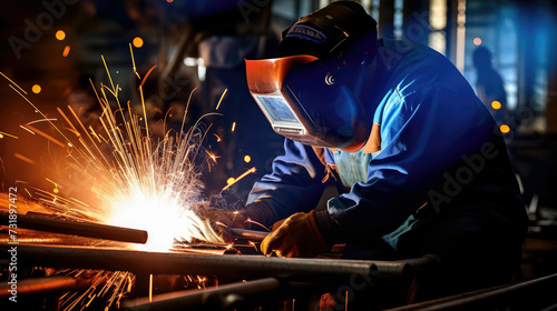 close up of skilled welded working at engineers bench, surrounded by sparks and industrial workshop 