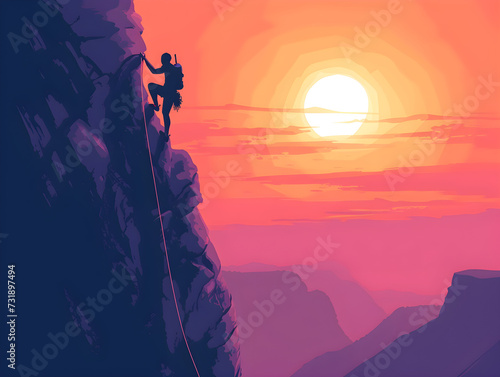 Dramatic Sunset Rock Climbing Adventure: Silhouetted Climber Against Vivid Purple Sky - Concept of Perseverance and Conquering Challenges
