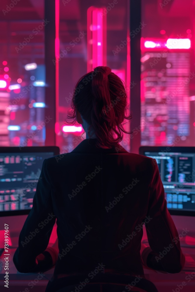 business woman in suit looking at computers in an office, pink and red
business woman in suit looking at computers in an office, pink and red