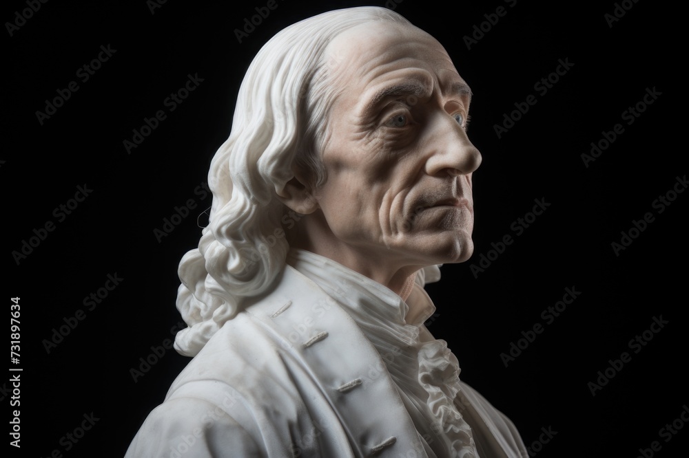 John Locke statue from profile. He known for his contributions to empiricism, liberalism, and political theory, particularly the concept of the social contract and individual rights.