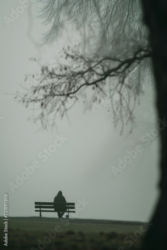 In a park shrouded by dense fog, a single person sits on a bench, creating a scene of solitude and introspective silence