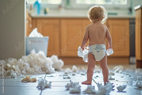 Rear view of a toddler carrying tissues and making a mess. A toddler playing with tissue. Baby making mess with tissue paper photo