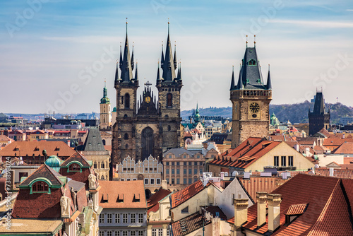 Skyline of old town of Prague with Tyn Church in background
