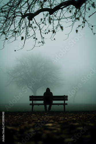 A lone individual sits on a park bench, overshadowed by the bare branches above, with a ghostly tree looming in the foggy distance