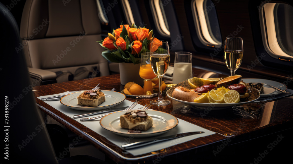 Opulent dining in flight: Luxury on a private jet—elegant table settings, fine dining, and an exclusive atmosphere