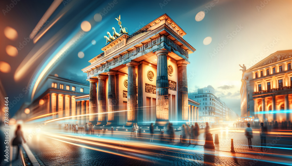Beautiful Arch Monument of European Architecture at Twilight with City Lights and Motion Blur