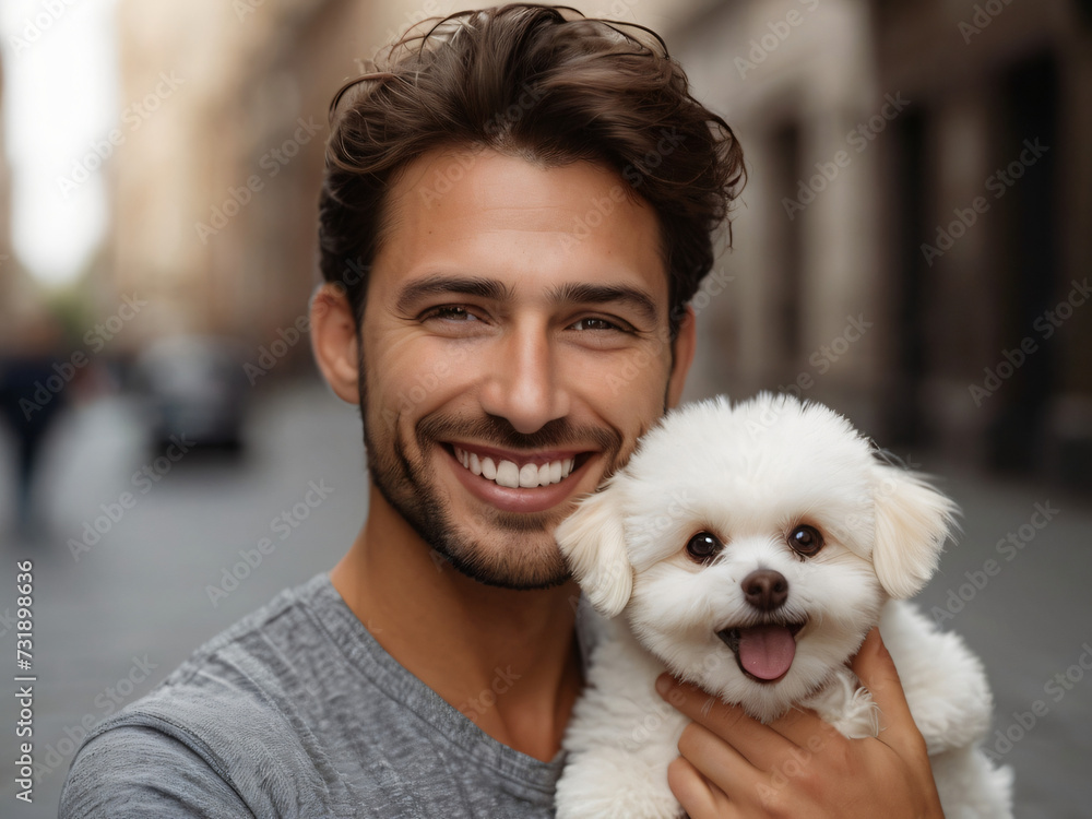 A young man holding a fluffy white dog A young man holding a fluffy white dog