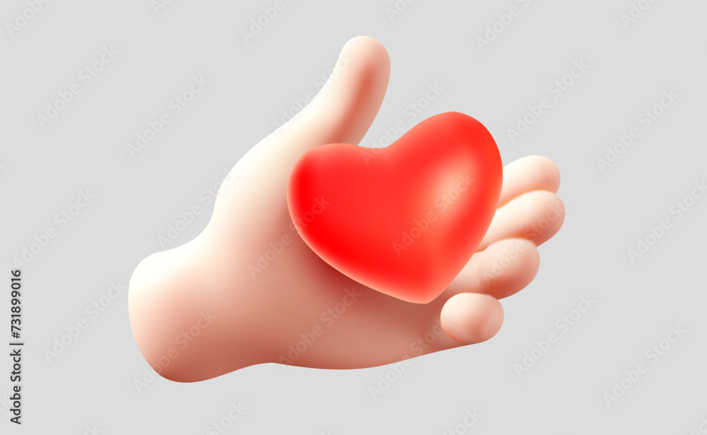 Vector romantic and care illustration of gesture hand in sleeve hold red heart on color background. 3d style design of man white skin hand give heart Vector romantic and care illustration of gesture hand in sleeve hold red heart on color background. 3d style design of man white skin hand give heart