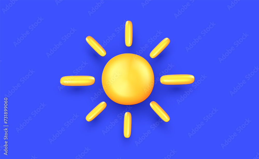 Vector weather illustration of yellow bright sun on blue sky color background. 3d style design of sunlight