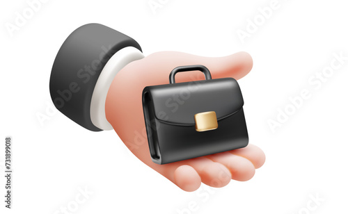 Vector business illustration of gesture hand hold business case on white color background. 3d style design of man white skin hand and leather briefcase