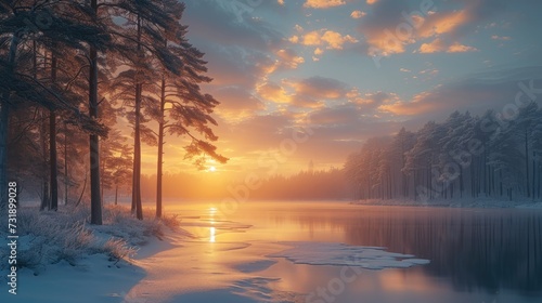 A beautiful sunrise over a frozen lake after a bleak midwinter. pine trees. Generative AI. © visoot