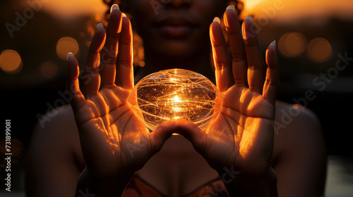 Woman's hand harnessing the energy of the Sun with her fingers, signifies the harmony of nature and technology, a concept of renewable energy and environmental empow