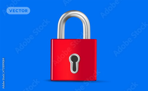 Vector illustration of red color closed lock on blue background. 3d style design of metallic shine padlock