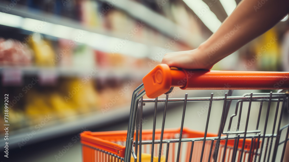 close-up of woman's hand on shopping trolley. Woman's hand confidently navigates a shopping trolley, embodying modern urban consumerism with a touch of contemporary style.