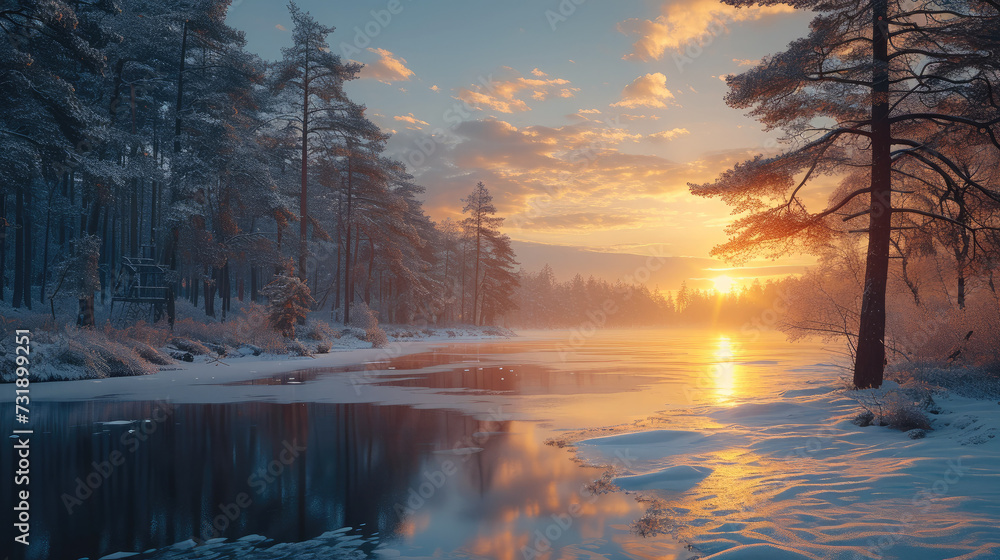 Fototapeta premium A beautiful sunrise over a frozen lake after a bleak midwinter. pine trees. Generative AI.