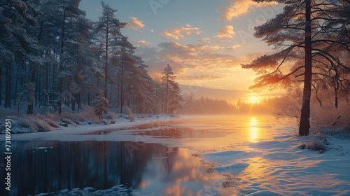 A beautiful sunrise over a frozen lake after a bleak midwinter. pine trees. Generative AI.