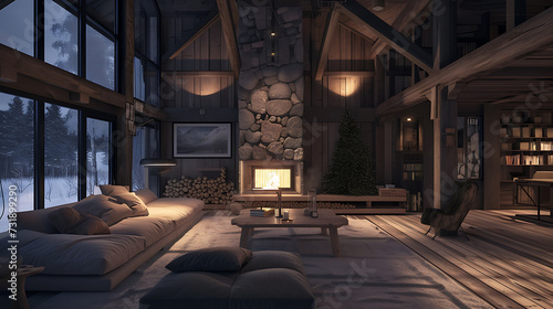 interior of a wooden house in the mountain photo