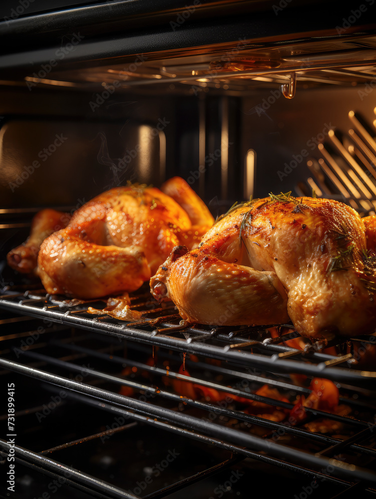 Fototapeta premium close-up view of cooked chicken in restaurant with steam blurred, kitchen restaurant background 