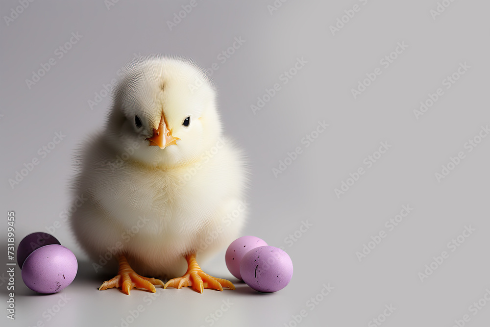 Cute newborn yellow chick on a light background. Nearby are several lilac Easter eggs. Concept - holiday, birthday. Illustration with place for text for design, cards and invitations. Cute newborn yellow chick on a light background. Nearby are several lilac Easter eggs. Concept - holiday, birthday. Illustration with place for text for design, cards and invitations.