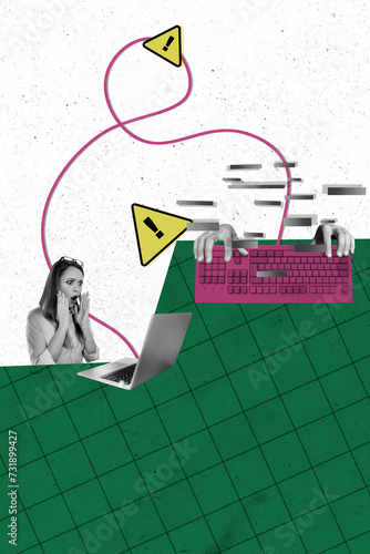 Canvas-taulu Vertical creative photo collage picture young scared girl suffer internet cyber